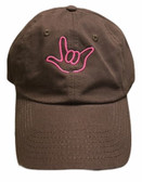 Sign Language  Hand  Outline"I LOVE YOU " CAP (BROWN  WITH HOT PINK THREAD)
