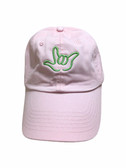 Sign Language  Hand  Outline"I LOVE YOU " CAP (LIGHT PINK WITH LIME THREAD)