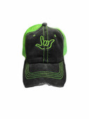 Sign Language  Hand  Outline"I LOVE YOU " CAP (BLACK & NEON LIME WITH LIME THREAD)