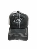 Sign Language  Hand  Outline"I LOVE YOU " CAP (BLACK & WHITE WITH WHITE THREAD)