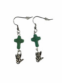 CROSS STONE GREEN WITH BLACK MIX WITH SIGN LANGUAGE HAND " I LOVE YOU" EARRINGS