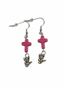 CROSS STONE HOT PINK WITH SIGN LANGUAGE HAND " I LOVE YOU" EARRINGS