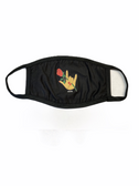 SIGN LANGUAGE " I LOVE YOU" HAND  FACE MASK BLACK MASK ( ROSE WITH HAND  CENTER)