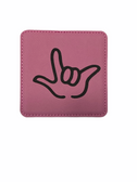 DRINK COASTER SQUARE PAD SIGN LANGUAGE OUTLINE HAND " I LOVE YOU"  ( PINK BACKGROUND / BLACK HAND) LEATHER