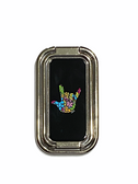 SIGN LANGUAGE HAND " I LOVE YOU" FOLDABLE MOBILE HOLDER RING RETRACTABLE TURN 360 ( COLORFUL FLOWER HANDS/ BLACK BACKGROUND WITH SILVER STAND)
