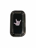 SIGN LANGUAGE HAND " I LOVE YOU" FOLDABLE MOBILE HOLDER RING RETRACTABLE TURN 360 ( PINK CAMO HANDS/ BLACK BACKGROUND WITH BLACK STAND)