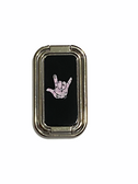 SIGN LANGUAGE HAND " I LOVE YOU" FOLDABLE MOBILE HOLDER RING RETRACTABLE TURN 360 ( PINK CAMO HANDS/BLACK BACKGROUND WITH SILVER STAND)