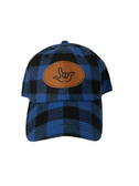 SIGN LANGUAGE HAND OUTLINE"I LOVE YOU " CAP  WITH LEATHER PATCHES (BLUE & BLACK CAP)