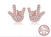 SIGN LANGUAGE " I LOVE YOU" HANDS EARRING PAIR WITH CZ STONE (ROSE GOLD)