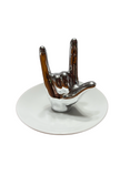 SIGN LANGUAGE " I LOVE YOU" HANDS STAND WITH PLATE CERAMIC (SILVER)