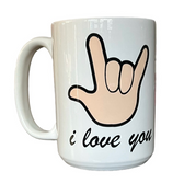 SIGN LANGUAGE " I LOVE YOU" HAND  MUG 15 OZ ( PEACH)