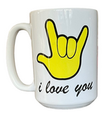 SIGN LANGUAGE " I LOVE YOU" HAND  MUG 15 OZ (YELLOW)