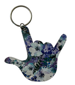 SIGN LANGUAGE I LOVE YOU HAND WITH CLEAR (BLUEBERRY FLORAL) KEYCHAIN