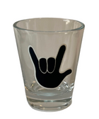 SIGN LANGUAGE " I LOVE YOU" HAND SHOT CLEAR GLASS (BLACK HAND WITH WHITE LINE)