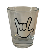 SIGN LANGUAGE " I LOVE YOU" HAND SHOT CLEAR GLASS (WHITE)