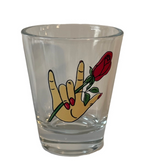 SIGN LANGUAGE " I LOVE YOU" HAND SHOT CLEAR GLASS (ROSE WITH HAND)