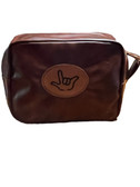 SIGN LANGUAGE " I LOVE YOU" HAND WITH LEATHER PATCH TOILETRY BAG (BROWN)
