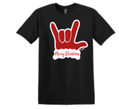 SIGN LANGUAGE I LOVE YOU  RED HAND MERRY CHRISTMAS T SHIRT  BLACK (ADULT)