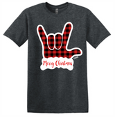 SIGN LANGUAGE I LOVE YOU  RED AND BLACK BUFFALO PLAIN HAND WITH MERRY CHRISTMAS T SHIRT  DARK HEATHER (ADULT)