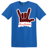SIGN LANGUAGE I LOVE YOU  RED AND BLACK BUFFALO PLAIN HAND WITH MERRY CHRISTMAS T SHIRT  ROYAL (ADULT)
