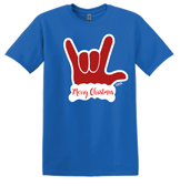 SIGN LANGUAGE I LOVE YOU  RED HAND WITH MERRY CHRISTMAS T SHIRT  ROYAL (ADULT)