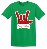 SIGN LANGUAGE I LOVE YOU  RED HAND WITH MERRY CHRISTMAS T SHIRT  IRIS GREEN (ADULT)