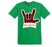 SIGN LANGUAGE I LOVE YOU  RED AND BLACK BUFFALO PLAIN HAND WITH MERRY CHRISTMAS T SHIRT  IRIS GREEN (ADULT)