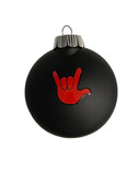 SIGN LANGUAGE "  I LOVE YOU" HAND " SHATTERPROOF ORNAMENT M & M SHAPE (BLACK WITH RED HAND)