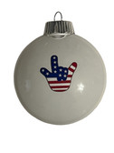 SIGN LANGUAGE "  I LOVE YOU" HAND " SHATTERPROOF ORNAMENT M & M SHAPE (WHITE WITH USA HAND)