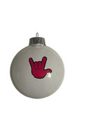 SIGN LANGUAGE "  I LOVE YOU" HAND " SHATTERPROOF ORNAMENT M & M SHAPE (WHITE WITH HOT PINK)