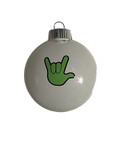 SIGN LANGUAGE "  I LOVE YOU" HAND " SHATTERPROOF ORNAMENT M & M SHAPE (WHITE WITH LIME)