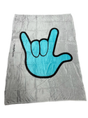 SIGN LANGUAGE "I LOVE YOU" TEAL HAND WITH GRAY BACKGROUND (ADULT SIZE) FLANNEL BLANKET