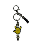 SIGN LANGUAGE "I LOVE YOU" (YELLOW) HAND BEAD WITH BLACK TASSEL WITH LEOPARD BEAD KEYCHAIN