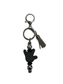 SIGN LANGUAGE "I LOVE YOU" (BLACK) HAND BEAD WITH GRAY TASSEL(COW SPOT BEADS) KEYCHAIN