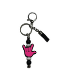 SIGN LANGUAGE "I LOVE YOU" (HOT PINK) HAND BEAD WITH BLACK TASSEL  KEYCHAIN