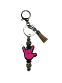 SIGN LANGUAGE "I LOVE YOU" (HOT PINK) HAND BEAD WITH TAN TASSEL WITH LEOPARD BEADS KEYCHAIN