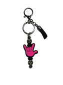 SIGN LANGUAGE "I LOVE YOU" (HOT PINK) HAND BEAD WITH BLACK TASSEL WITH LEOPARD BEADS KEYCHAIN