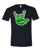 SIGN LANGUAGE " I LOVE YOU" HAND WITH CODA (NEW) BLACK T SHIRT. ( YOUTH OR ADULT SIZE), CHOOSE SIZE AND COLOR HAND ADULT SHIRT