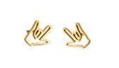 SIGN LANGUAGE ASL " I LOVE YOU" OUTLINE HANDS EARRINGS (GOLD) PAIR STAINLESS STEEL