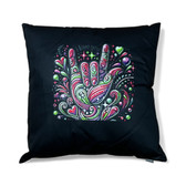 ASL SIGN LANGUAGE " I LOVE YOU" GREEN NEON, PURPLE & PINK SWIRL HAND PILLOW,