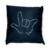ASL SIGN LANGUAGE " I LOVE YOU" OUTLINE WORDS " LAUGH, LOVE & LIVE" WHITE PRINTING  HAND BLACK PILLOW