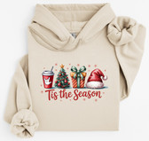 SIGN LANGUAGE / ASL " I LOVE YOU HAND" WITH TIS THE SEASON CHRISTMAS RED CUP WITH WHITE HAND,  COLOR : SAND (CHOOSE ADULT SIZE) HOODED SWEATSHIRT