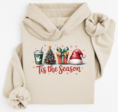 SIGN LANGUAGE / ASL " I LOVE YOU HAND" WITH TIS THE SEASON CHRISTMAS GREEN CUP WITH WHITE HAND,  COLOR : SAND (CHOOSE ADULT SIZE) HOODED SWEATSHIRT