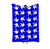 SIGN LANGUAGE ASL  "I LOVE YOU" FULL HAND WHITE HANDS WITH ROYAL BACKGROUND ADULT FLANNEL BLANKET, APPROX SIZE ADULT 50 X 60