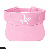 SIGN LANGUAGE ASL " I LOVE YOU" OUTLINE HAND WHITE WITH PINK SUN VISOR HAT