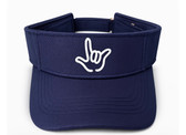 SIGN LANGUAGE ASL " I LOVE YOU" OUTLINE HAND WHITE WITH NAVY SUN VISOR HAT