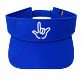 SIGN LANGUAGE ASL " I LOVE YOU" OUTLINE HAND WHITE WITH ROYAL SUN VISOR HAT