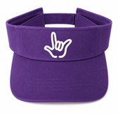 SIGN LANGUAGE ASL " I LOVE YOU" OUTLINE HAND WHITE WITH PURPLE SUN VISOR HAT