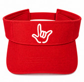 SIGN LANGUAGE ASL " I LOVE YOU" OUTLINE HAND WHITE WITH RED SUN VISOR HAT.