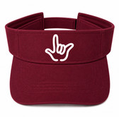 SIGN LANGUAGE ASL " I LOVE YOU" OUTLINE HAND WHITE WITH MAROON SUN VISOR HAT